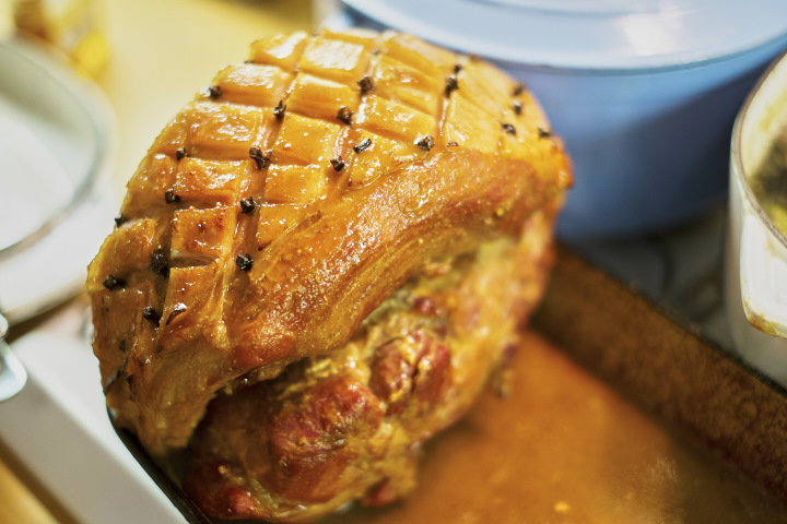 Glazed Ham out of the oven, ready to carve