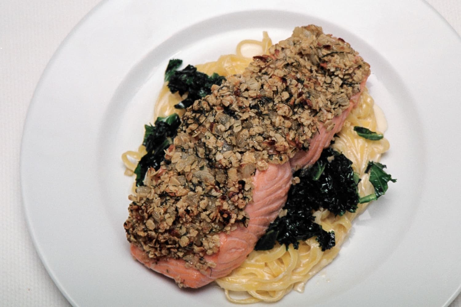 Salmon Fillets with a Skirlie Crust on Kale and Fettuccine