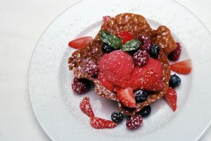 Brandy Snap Baskets with Raspberry Sorbet and berries