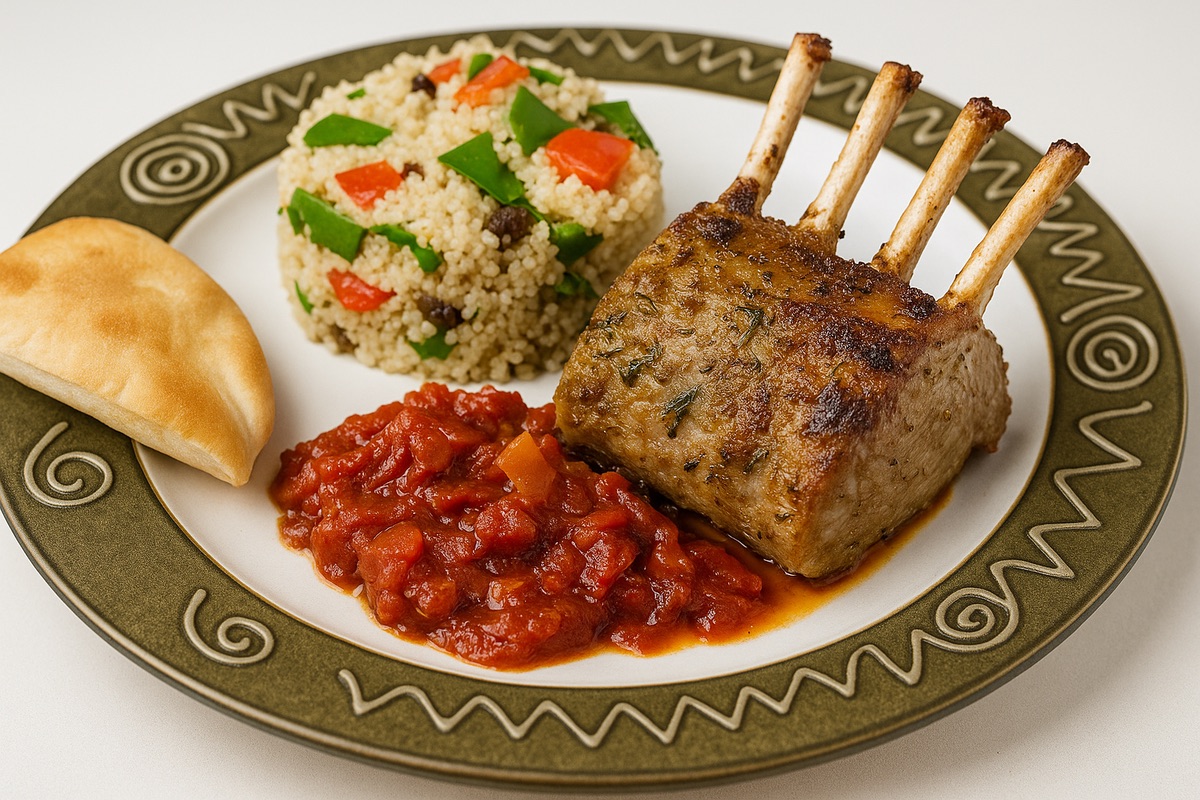 Rosemary, Thyme and Garlic Rack of Lamb with Harrisa Tomatoes