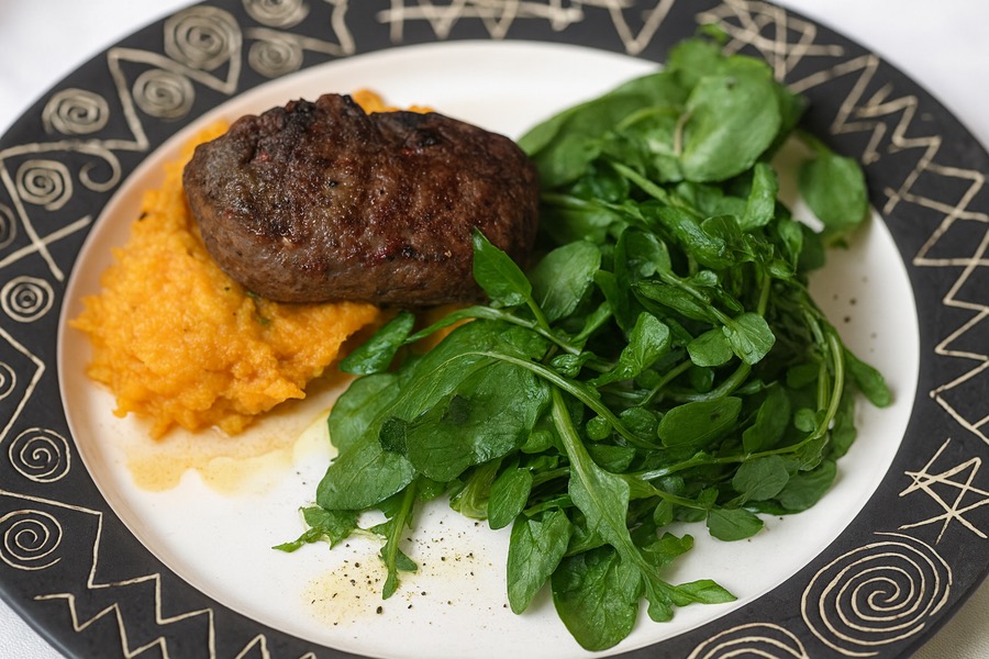 Spicy Vension Steaks on Butternut Squash Mash