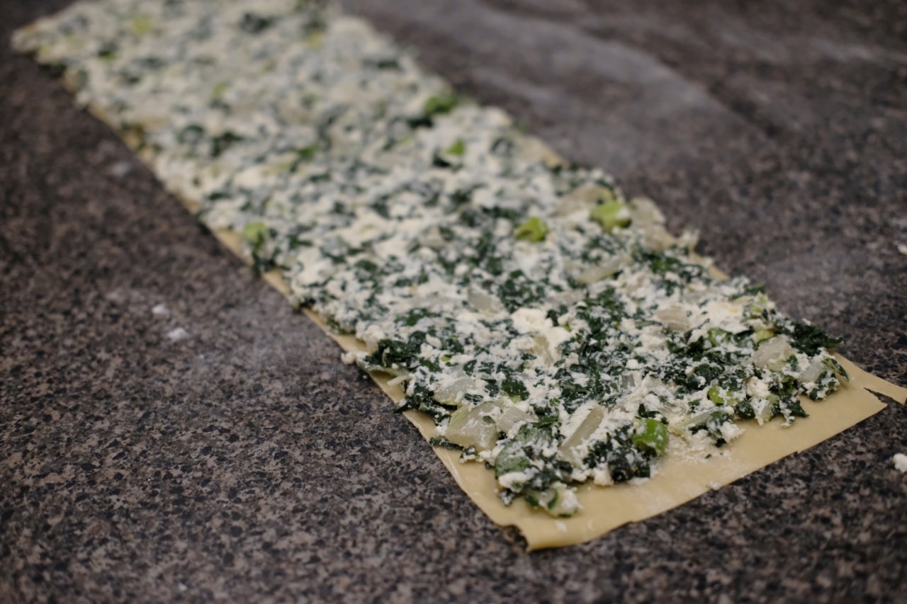 Swiss Chard mix, flattened on the pasta sheet.