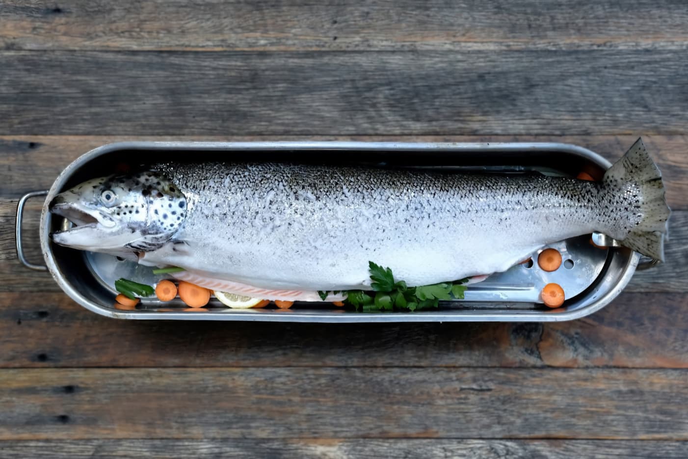 Cold Poached Salmon, plated and ready for the table.