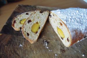 Stollen sliced to show the mazipan